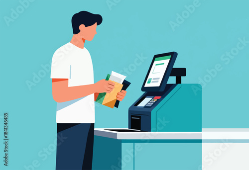 Person at checkout with papers near a digital payment terminal