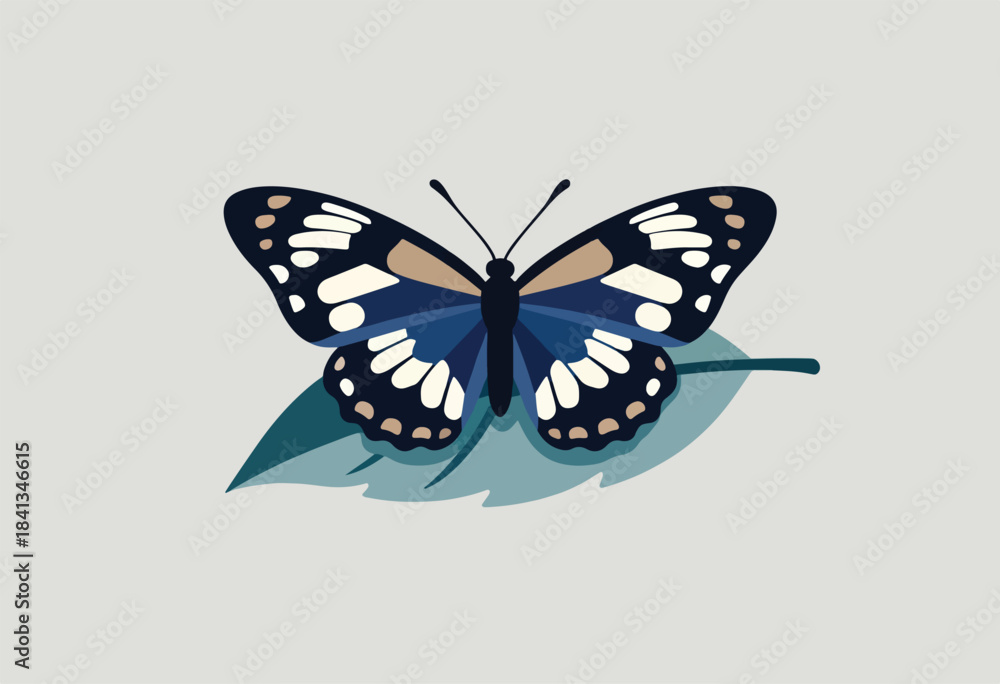 Obraz premium Stylized blue butterfly with cream and tan spots on a teal leaf
