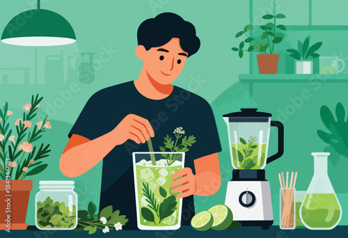 Person making a refreshing green drink with fresh ingredients and a blender