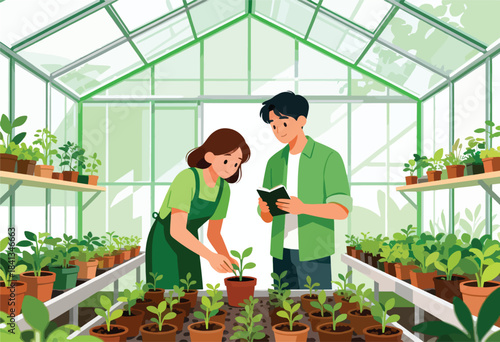 Two people working in a greenhouse tending to many potted plants