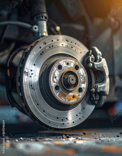 Close-up of a vented and drilled automotive brake rotor and caliper assembly during service.