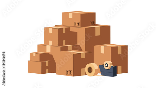 A stack of brown cardboard boxes with packing tape on a for moving or storage needs