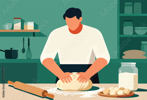 Person kneads dough in a kitchen with rolling pin, eggs, and ingredients