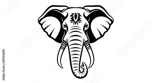 Elegant black and white elephant head vector graphic with decorative details