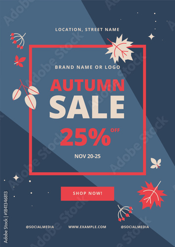 Autumn sale poster with customizable text, stylish blue and pink palette, decorated with vector leaves and berries