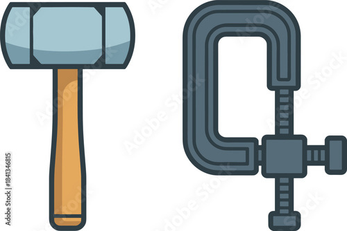 Hammer and C-clamp illustration, simple tool icons, woodworking and metalworking equipment, hand tool set graphic, DIY construction elements artwork