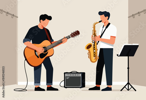 Two men perform music, one playing guitar, the other saxophone, with amplifier and stand