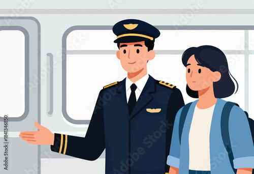Friendly pilot greets passenger near airplane doors