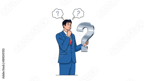 A cartoon businessman in blue suit holding a large question mark thinking with speech bubbles