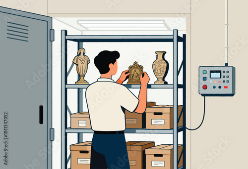 Person organizing historical artifacts on shelves with boxes below