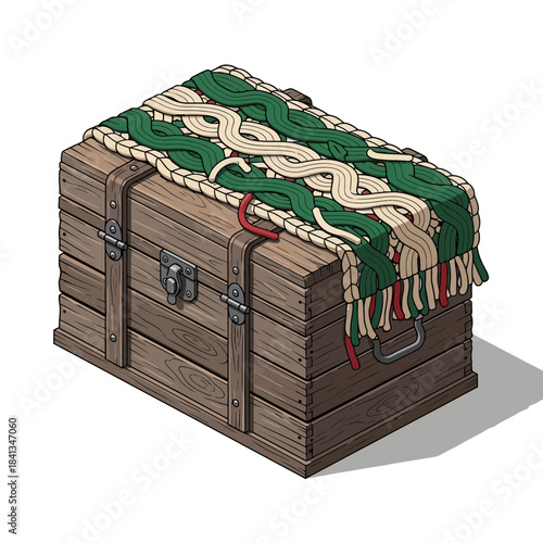 Decorative wooden treasure chest with colorful woven textile cover and detailed metal accents for