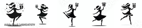vector silhouette of a woman dancing happily with a Christmas gift