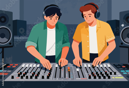 Two people in headphones adjust a soundboard with speakers in background