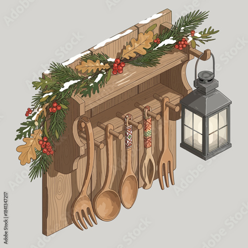 Festive holiday kitchen organizer with wooden utensils and seasonal decoration