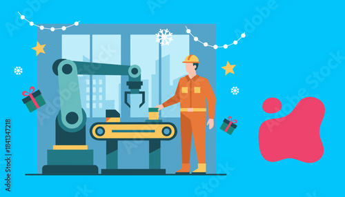 Festive factory automation Worker overseeing robotic production during the winter holidays