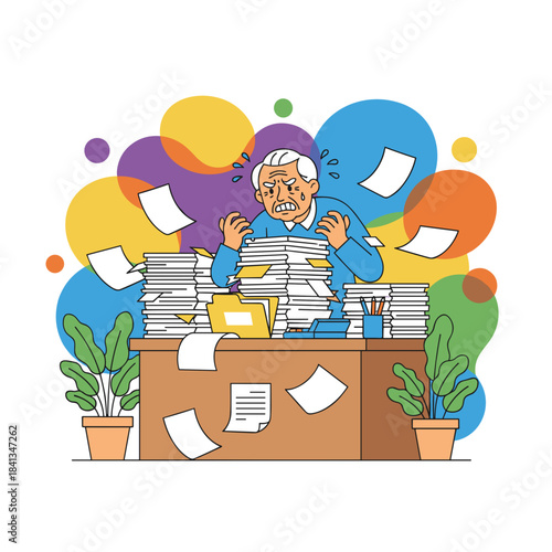 An overworked senior man stressed by excessive paperwork and office deadlines Business burnout concept
