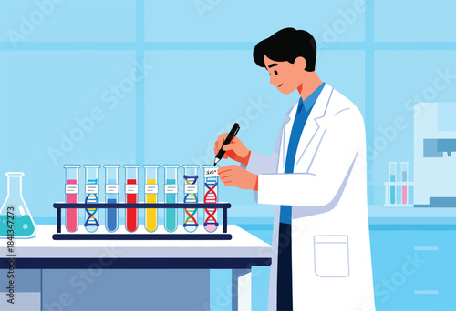 Scientist annotates genetic material in tubes within a sterile laboratory setting