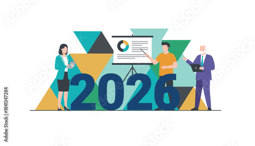Business team reviews 2026 strategic data presentation planning future goals and growth