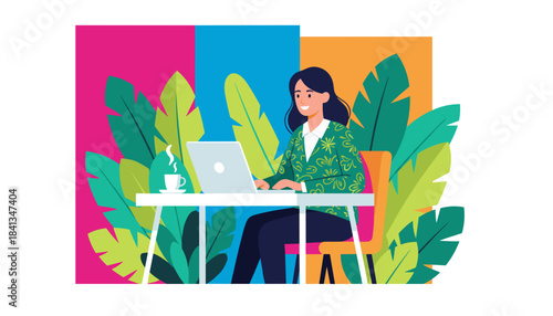 Smiling remote worker uses laptop at desk surrounded by vibrant colors and lush tropical leaves