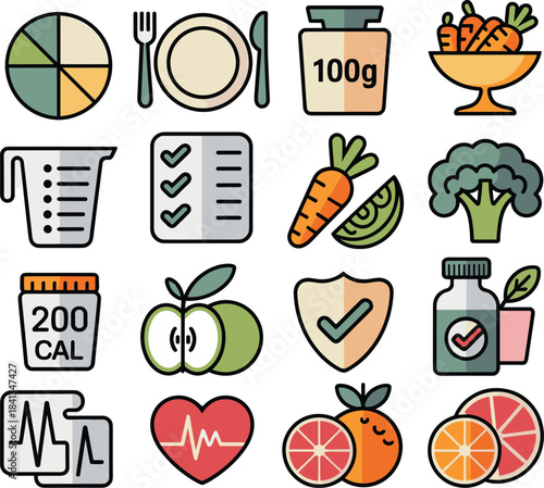 Health and nutrition icons, calorie counting diet symbols, wellness fitness elements, food tracking illustration, minimalist healthy lifestyle graphics, diet planning set