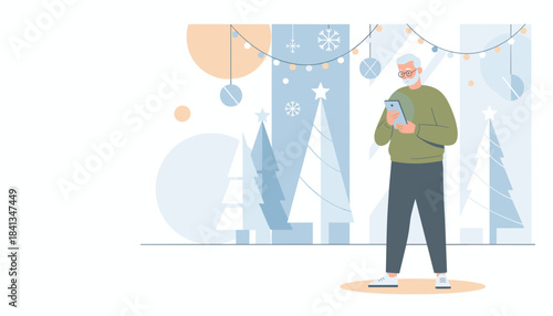 Elderly man texts on phone in festive setting winter holiday communication concept