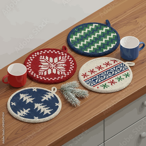 Festive Christmas-themed knitting pot holders and cozy seasonal mugs on wooden table