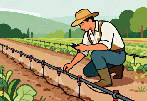 Farmer checking irrigation system on a farm using a mobile device