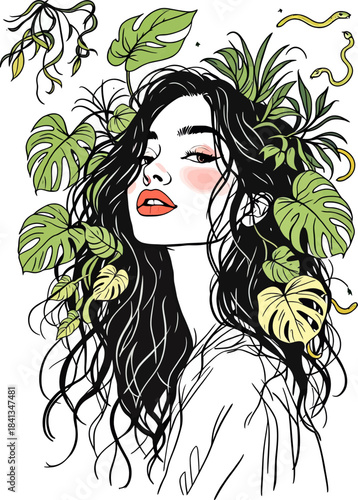 Illustration of Woman with Monstera Leaf Hair Floating Leaves