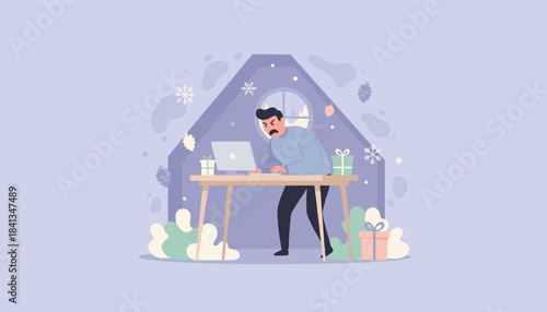 Stressed man works intensely on a laptop in a winter home illustrating holiday deadlines remote work burnout or anger