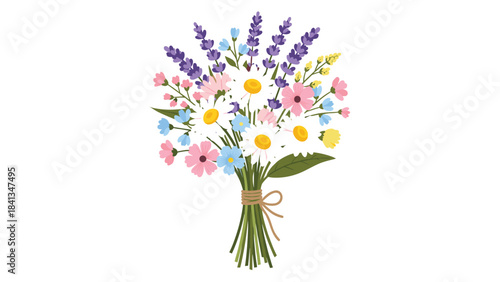 Colorful bouquet of flowers with pink, yellow, blue, and purple blooms tied with brown twine