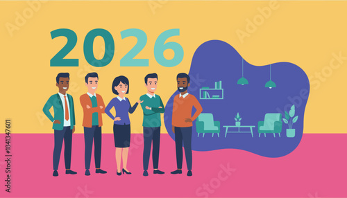 Diverse business team setting corporate goals for the year 2026 Future planning and success concept