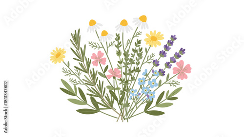 Colorful bouquet of wildflowers with green leaves on