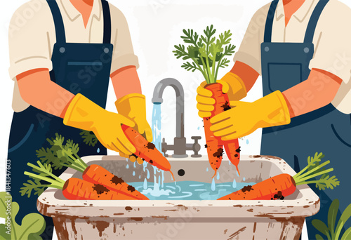 Two individuals in overalls and yellow gloves wash dirt-covered carrots under a faucet