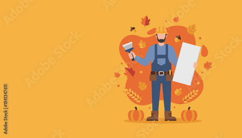 Autumn worker holding tools and blank sign for seasonal home services Vector illustration