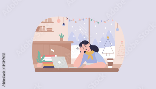 Exhausted woman yawning while working remotely on her laptop in a cozy decorated room