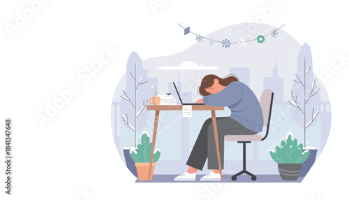 Tired woman sleeps at her desk while working remotely in the city during a snowy winter day