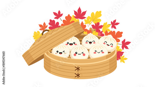 A steamer basket filled with cute smiling dumplings surrounded by colorful autumn leaves on