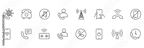 Phone line icon set. Contact icons set. Contains telephone button, ringing, smartphone, mobile device, call, cell phone, contact, office phone, landline. Tele communication or communication symbol.