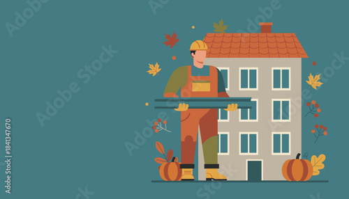 Construction worker carrying materials during autumn home renovation Fall housing repair and maintenance service concept
