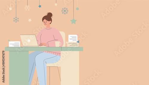 Stressed woman working on laptop at desk with holiday decor feeling overwhelmed and sad about deadlines