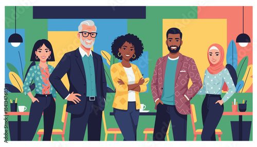 Diverse business team smiling confidently in a modern office setting Professional collaboration