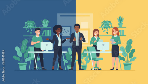 Diverse business team in a splitcolor office Collaboration comparison and professional success