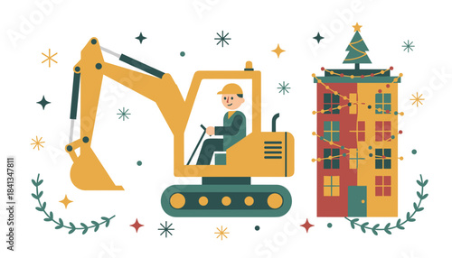 Festive construction worker in excavator next to a decorated building winter holiday greeting