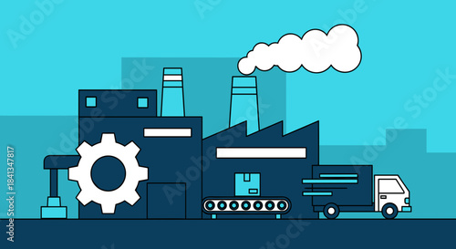 Industrial factory production and supply chain logistics concept illustrated in modern flat blue style