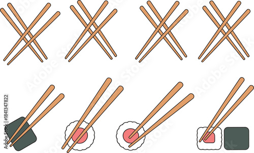 Chopsticks illustration set, sushi and maki rolls, Japanese dining utensils, minimalist food icons, Asian cuisine elements, restaurant artwork collection