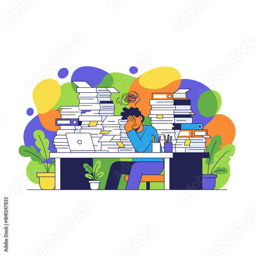 Overworked employee stressed by huge paper piles and heavy workload at the desk