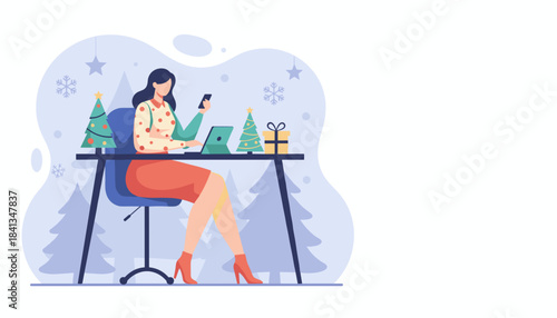 Festive remote worker busy on laptop and phone managing holiday tasks and communications