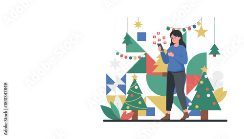 Woman stressed by holiday social media notifications on her phone surrounded by abstract Christmas trees