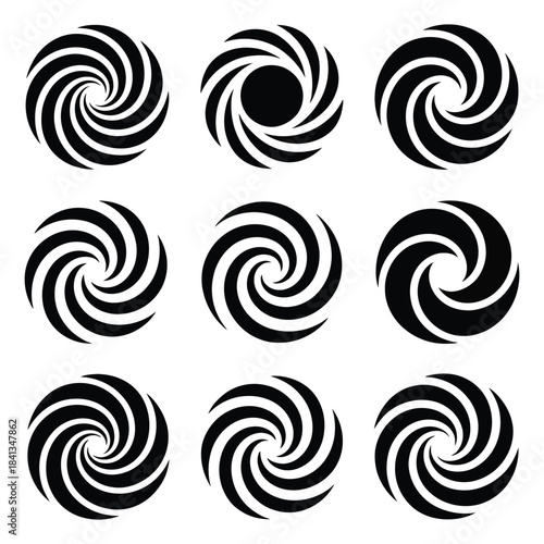 Set of nine black circular spiral abstract geometric shapes in different designs vortex vector illustration on isolated transparent background for logo or icon creation