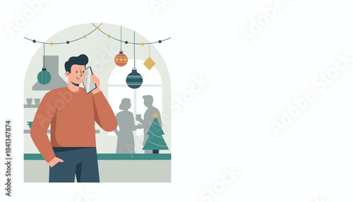 Young man on a smartphone in a decorated home during a festive holiday party Digital illustration